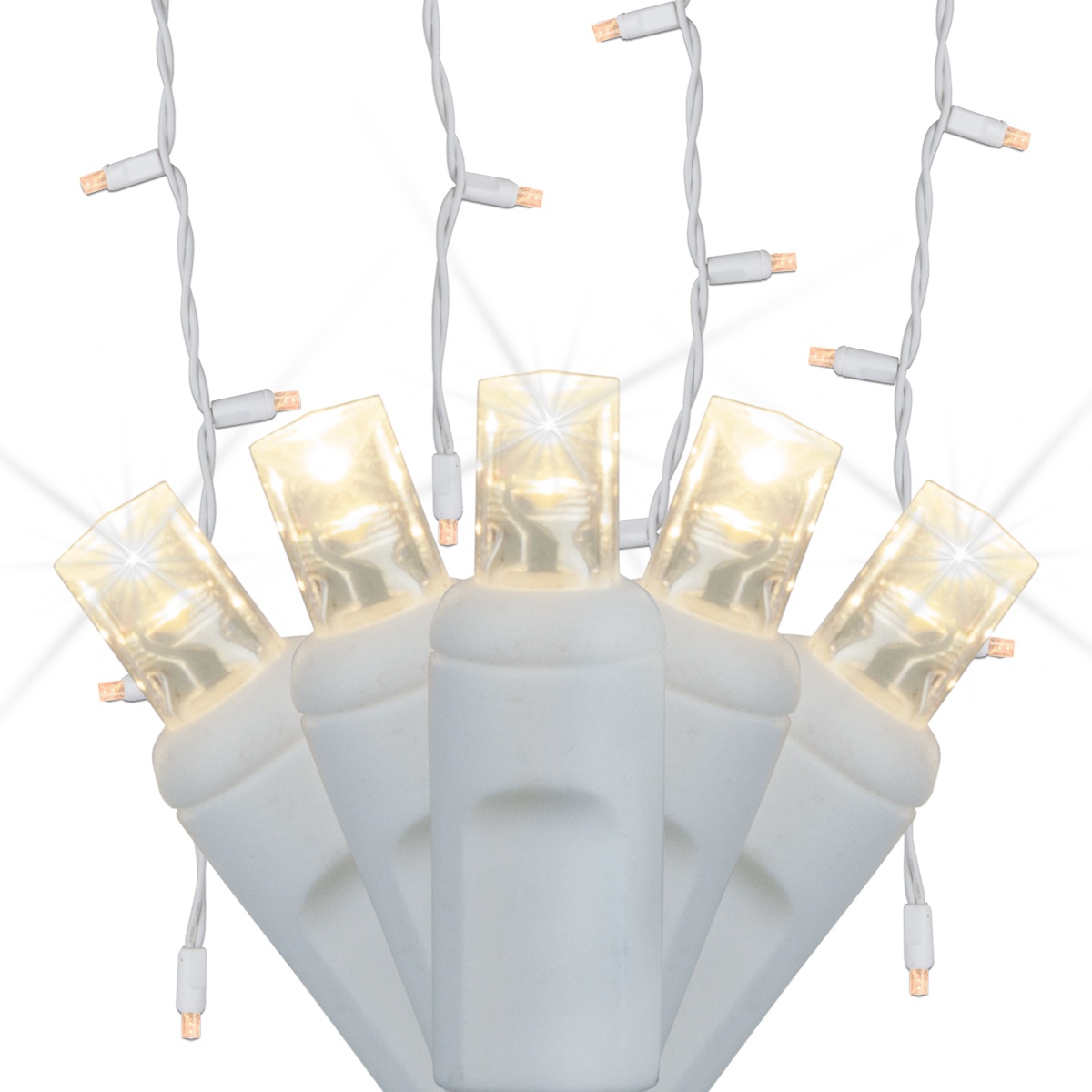 Warm White 5mm LED Twinkle Icicle Lights on White Wire Wintergreen