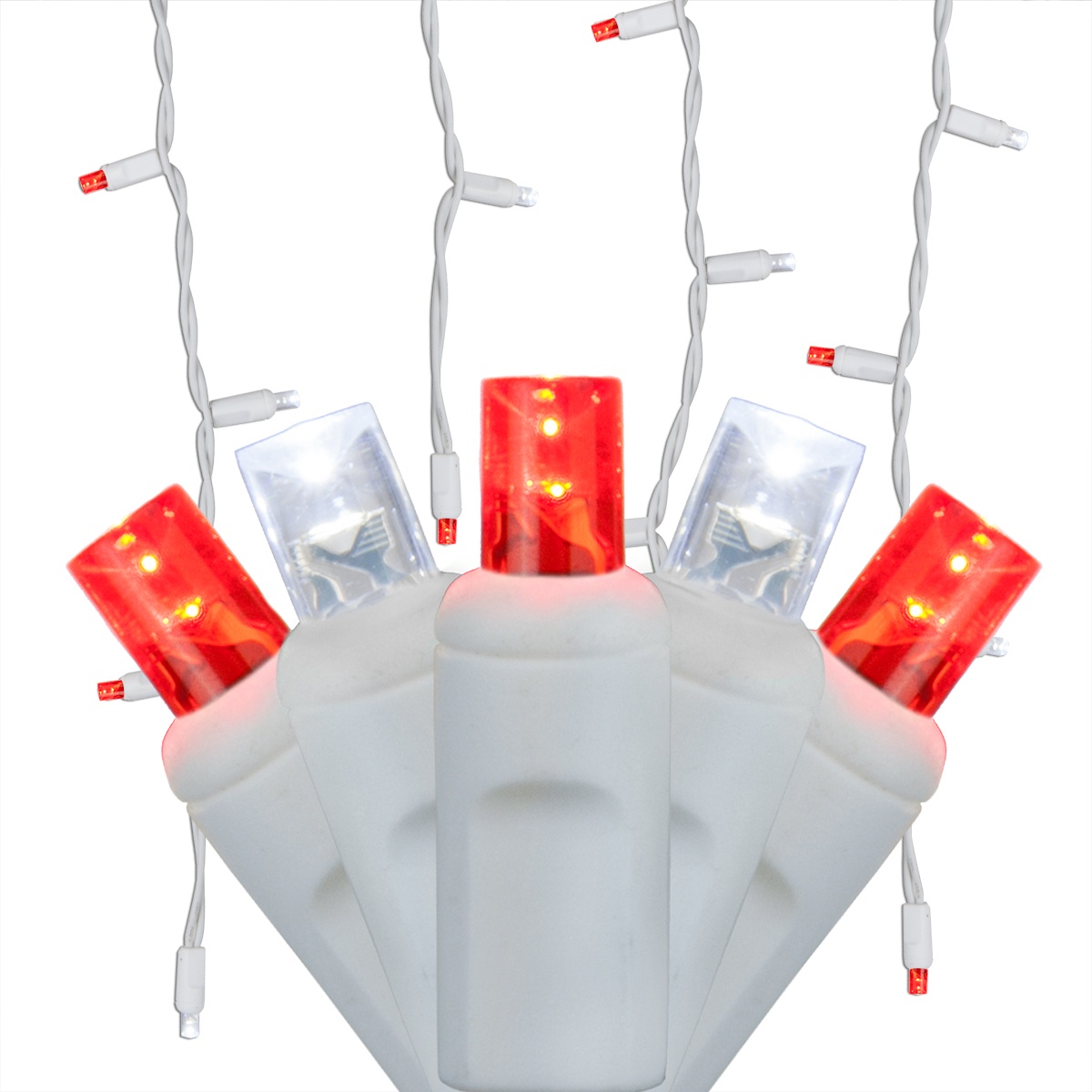 Red, Cool White 5mm LED Icicle Lights on White Wire Wintergreen