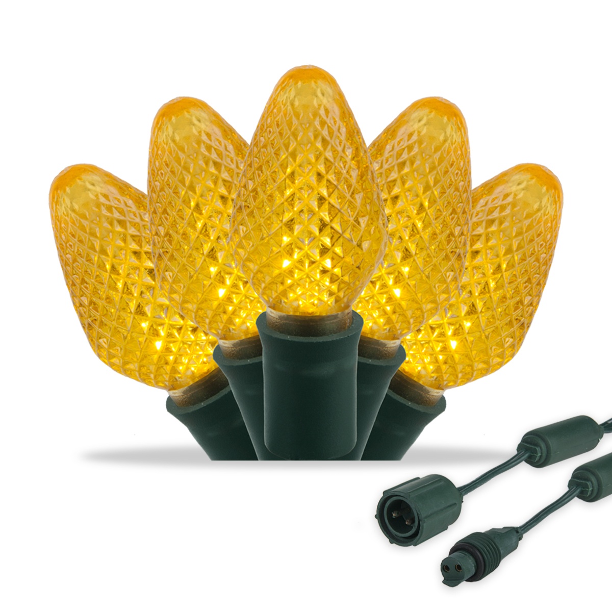 Commercial C7 Gold LED Christmas Lights on Green Wire Wintergreen