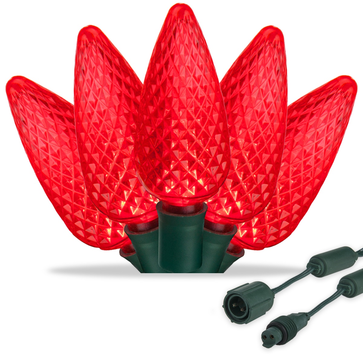 Commercial C9 Red LED Christmas Lights on Green Wire Wintergreen