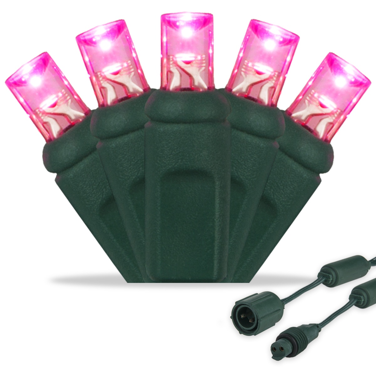 Commercial 5mm Wide Angle Pink LED Christmas Lights on Green Wire